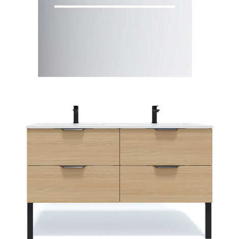 Meuble de salle de bain suspendu double vasque intégrée 140cm 4 tiroirs Chêne clair + miroir - Soho