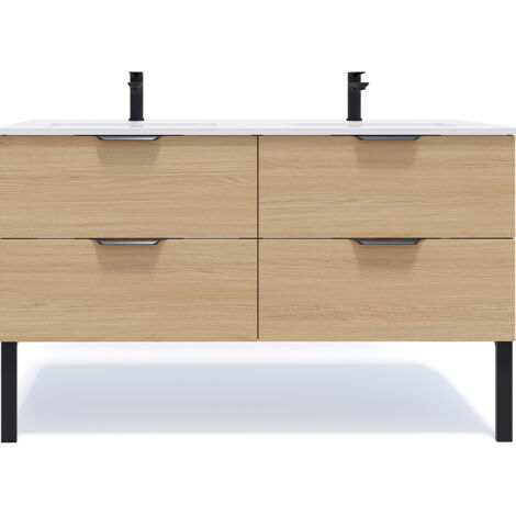 Meuble de salle de bain suspendu double vasque intégrée 140cm 4 tiroirs Chêne clair - Soho