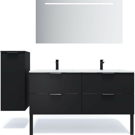 Meuble de salle de bain suspendu double vasque intégrée 140cm 4 tiroirs Noir + miroir + colonne ouverture gauche - Soho