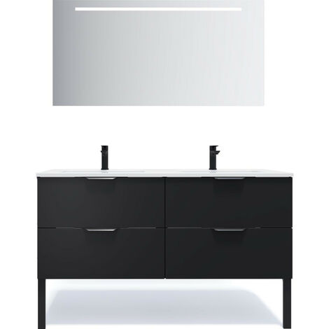 Meuble de salle de bain suspendu double vasque intégrée 140cm 4 tiroirs Noir + miroir - Soho
