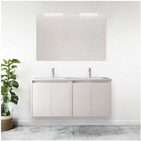 Meuble de salle de bain suspendu en bois blanc brillant 120 cm avec quatre portes et lavabo intégré - Nova - Standard