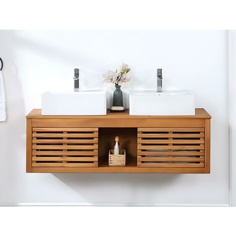 Meuble de salle de bain suspendu en bois d'acacia avec double vasque - 130 cm - PENEBEL - Naturel foncé