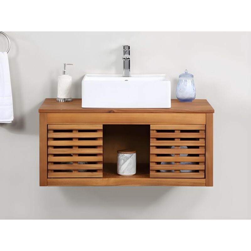 Vente-unique - Meuble de salle de bain suspendu en bois d'acacia avec simple vasque - 90 cm - penebel