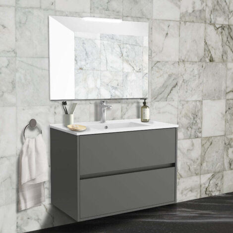 Meuble de salle de bain suspendu gris mat 80x45 cm avec 2 tiroirs et lavabo inclus - Soria