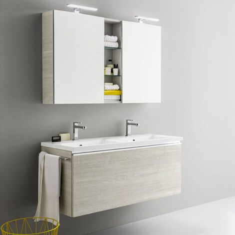 Meuble de salle de bain suspendu moderne avec double vasque 120x45 cm avec conteneur miroir et spot led