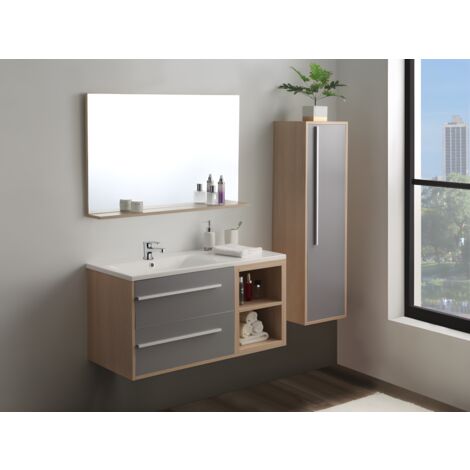 Meuble de salle de bain suspendu naturel clair et gris mat avec simple vasque, miroir et colonne de rangement - JASMINE - Gris, Naturel clair