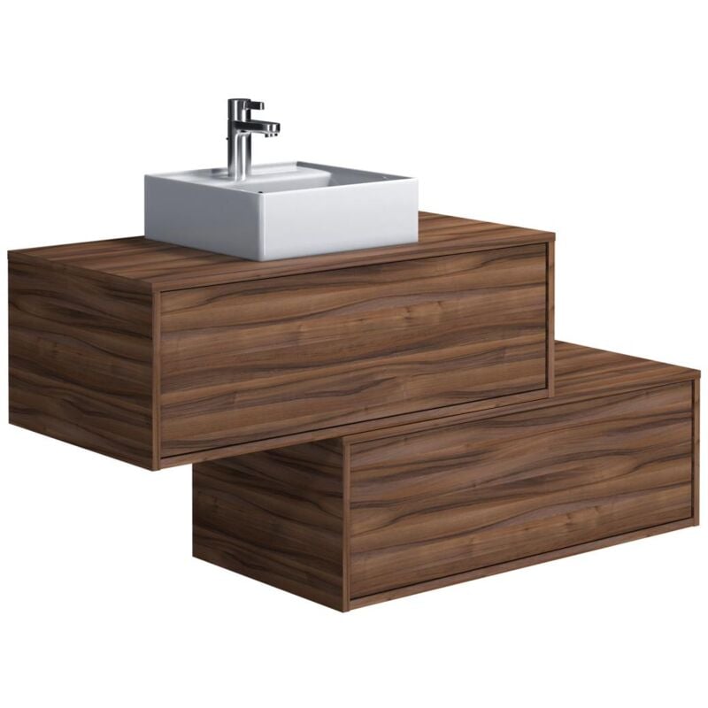 Vente-unique - Meuble de salle de bain suspendu naturel foncé avec simple vasque carrée et deux tiroirs - 94 cm - teana ii