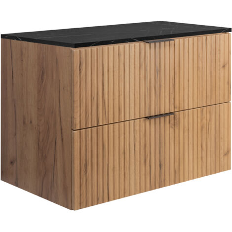 Meuble de salle de bain suspendu, noir / plan de travail en marbre noir aspect imprimé (MDF), 80 x 57 x 46 cm