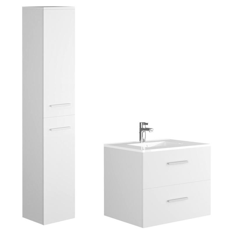 Vente-unique - Meuble de salle de bain suspendu simple vasque avec colonne de rangement - Coloris blanc - 60 cm - kayla