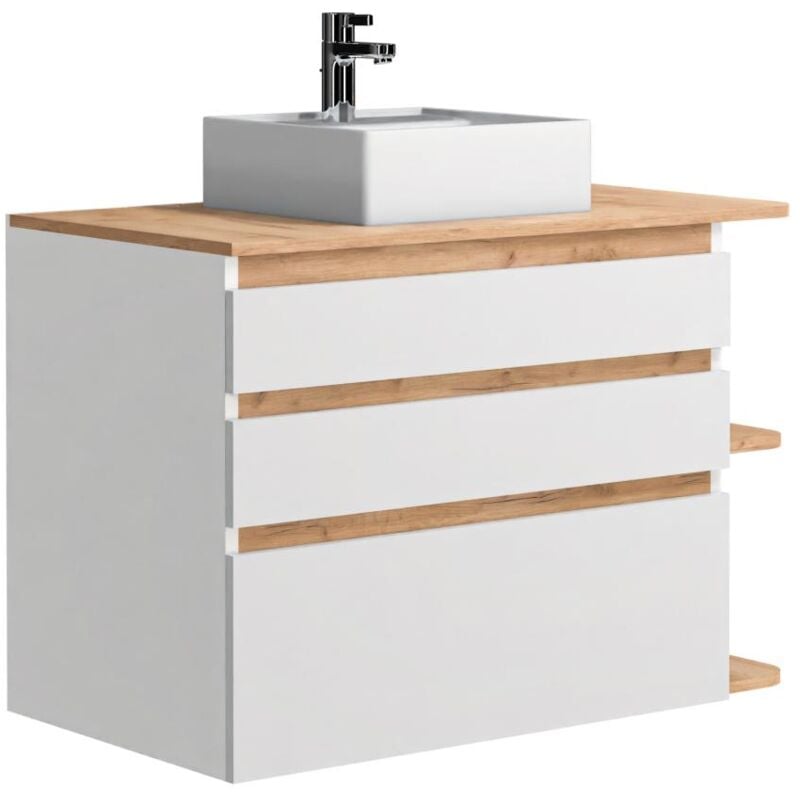 Vente-unique - Meuble de salle de bain suspendu simple vasque - Coloris naturel clair et blanc - 94 cm - anida