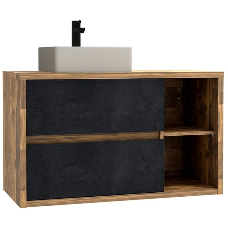 Vente-unique - Meuble de salle de bain suspendu avec vasque carrée - Coloris naturel et anthracite - 100 cm - tikitiki