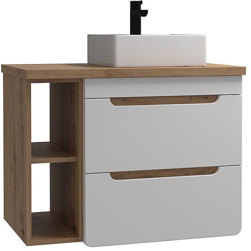 Vente-unique - Meuble de salle de bain suspendu simple vasque et niches - Coloris naturel et blanc - 80 cm - aruba