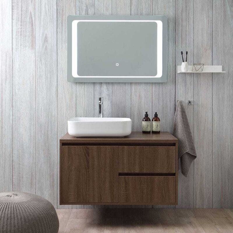 Kiamami Valentina - Meuble De Salle De Bain Suspendu Sous-Lavabo 90 Cm Et Miroir Led Tactile Siena