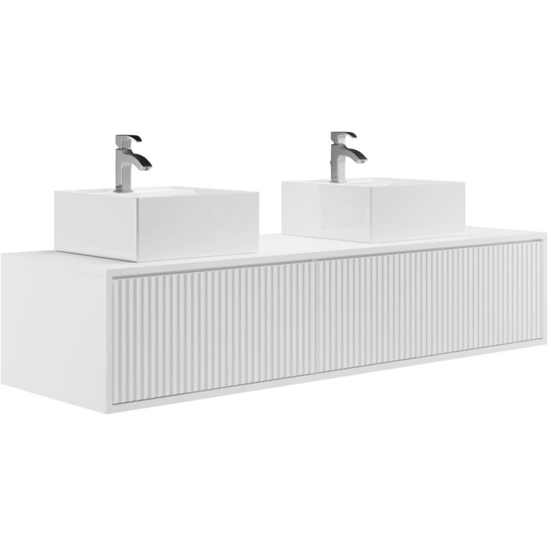 Vente-unique - Meuble de salle de bain suspendu strié avec double vasque - Blanc - 150 cm - arnega