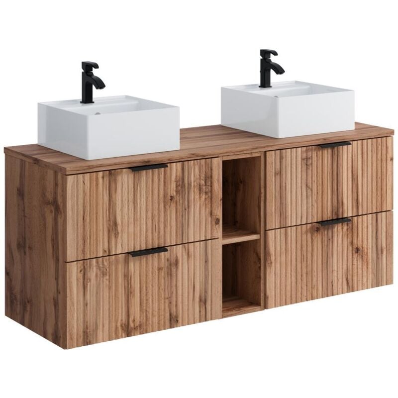 Meuble de salle de bain suspendu strié avec niches et double vasque à poser carrée - Naturel clair - L140 cm - ZEVARA