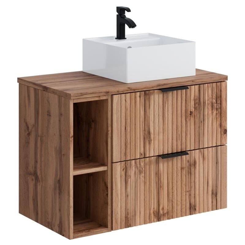 Vente-unique - Meuble de salle de bain suspendu strié avec niches et vasque à poser carrée - Naturel clair - L80 cm - zevara
