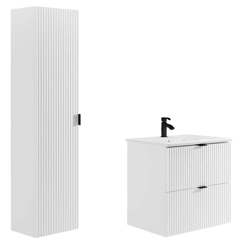 Meuble de salle de bain suspendu strié avec vasque à encastrer et colonne - Blanc mat - 60 cm - ZEVINI