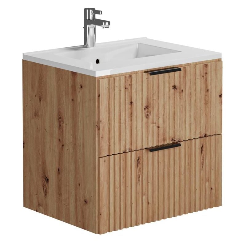 Vente-unique - Meuble de salle de bain suspendu strié avec vasque à encastrer - Naturel clair - 60 cm - zevara