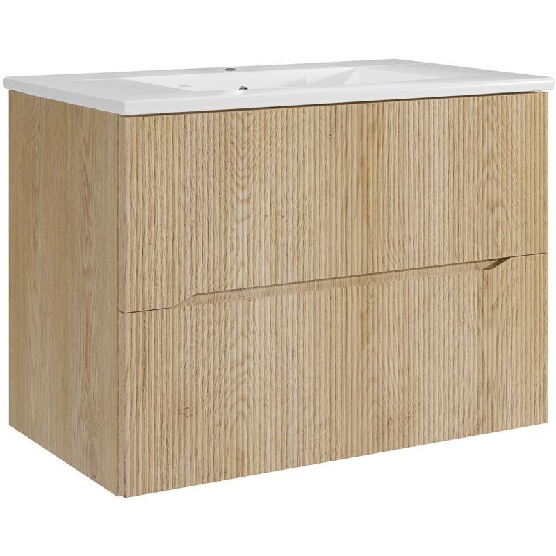 Meuble de salle de bain suspendu stri&eacute; avec vasque &agrave; encastrer - Naturel clair - 80 cm - ORISO
