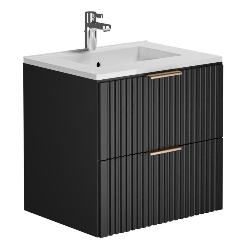 Vente-unique - Meuble de salle de bain suspendu strié avec vasque à encastrer - Noir - 60 cm - zevara