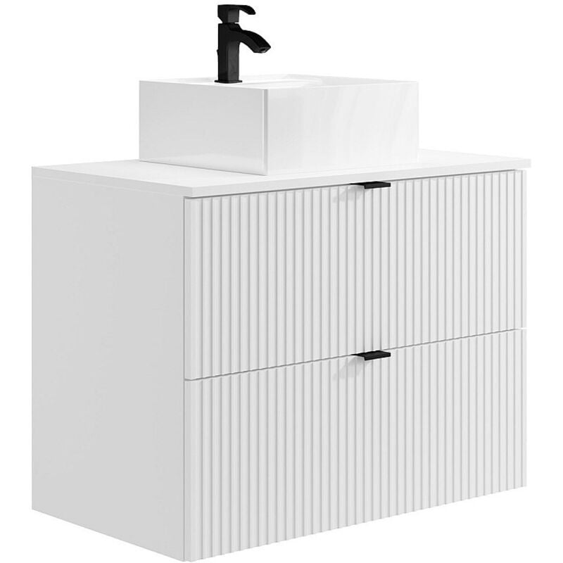 Vente-unique - Meuble de salle de bain suspendu strié avec vasque carrée à poser - Blanc mat - 80 cm - zevini