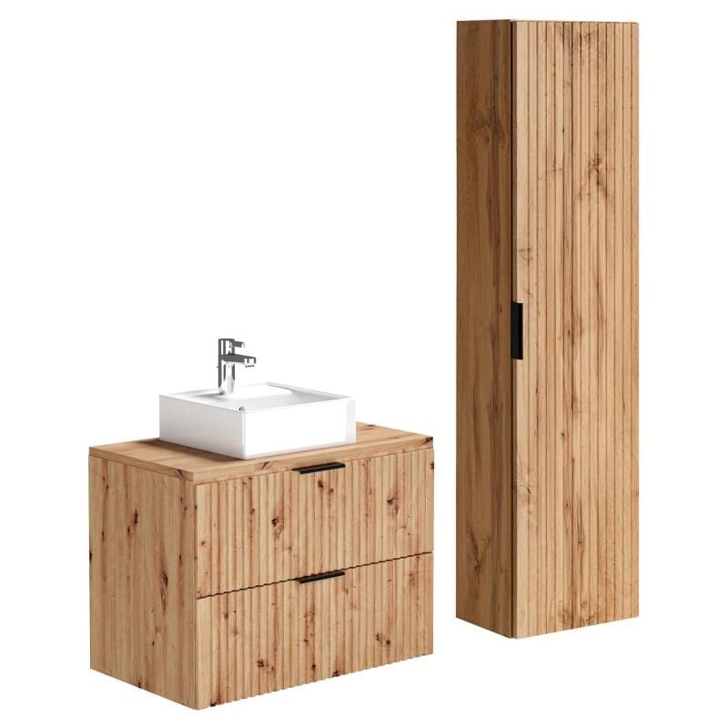 Vente-unique - Meuble de salle de bain suspendu strié avec vasque à poser et colonne - Naturel clair - 80 cm - zevara