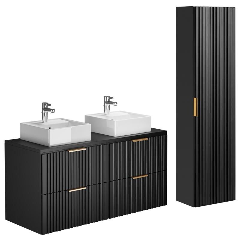Meuble de salle de bain suspendu strié avec vasque à poser et colonne - Noir - 120 cm - ZEVARA