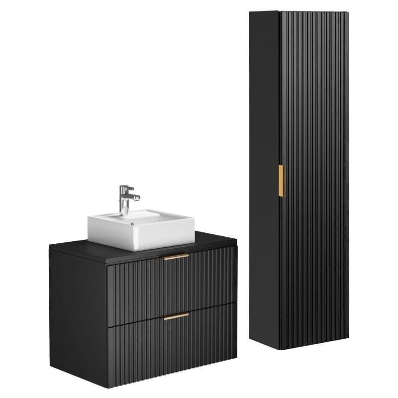 Vente-unique - Meuble de salle de bain suspendu strié avec vasque à poser et colonne - Noir - 80 cm - zevara