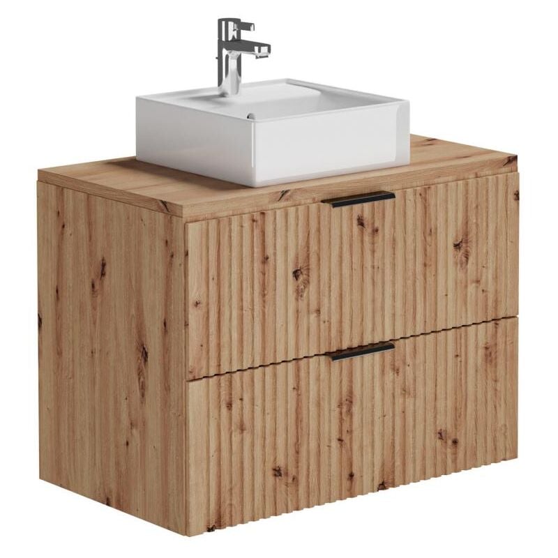 Meuble de salle de bain suspendu strié avec vasque à poser carrée - Naturel clair - L80 cm - ZEVARA