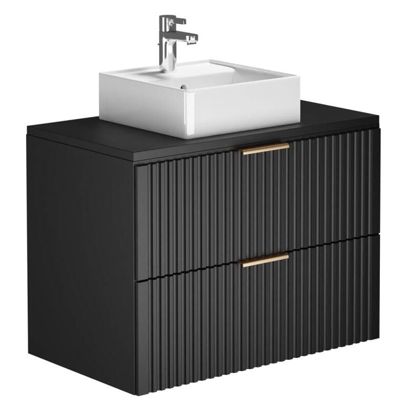 Vente-unique - Meuble de salle de bain suspendu strié avec vasque à poser carrée - Noir - 80 cm - zevara