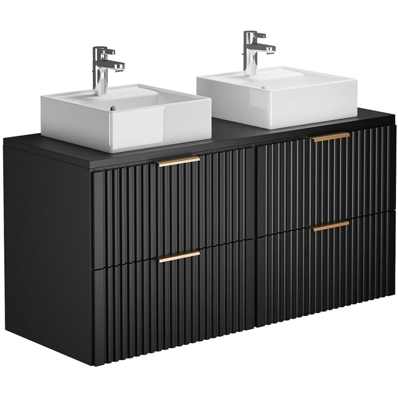 Vente-unique - Meuble de salle de bain suspendu strié avec double vasque à poser carrée - Noir - L120 cm - zevara