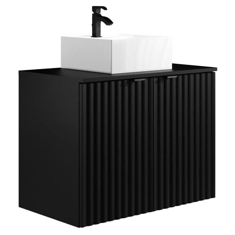 Vente-unique - Meuble de salle de bain suspendu strié avec vasque à poser - Noir - L80 cm - zilga