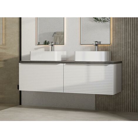 Meuble de salle de bain suspendu strié blanc avec double vasque à poser - 120 cm - LATOMA - Blanc