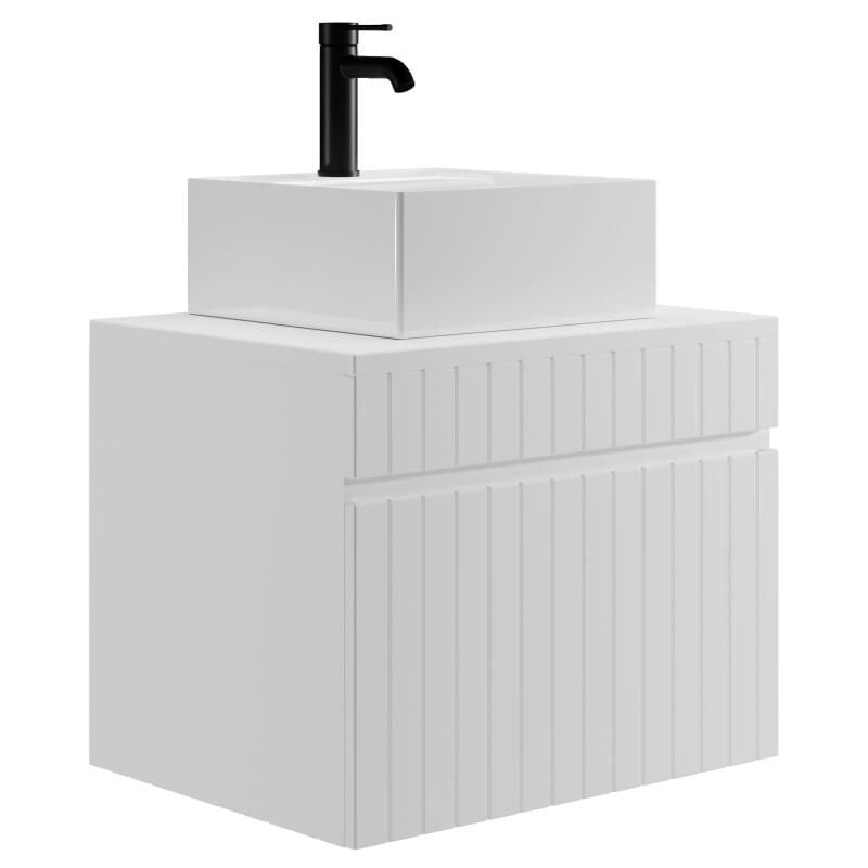 Vente-unique - Meuble de salle de bain suspendu strié blanc avec vasque carrée à poser - 60 cm - satara