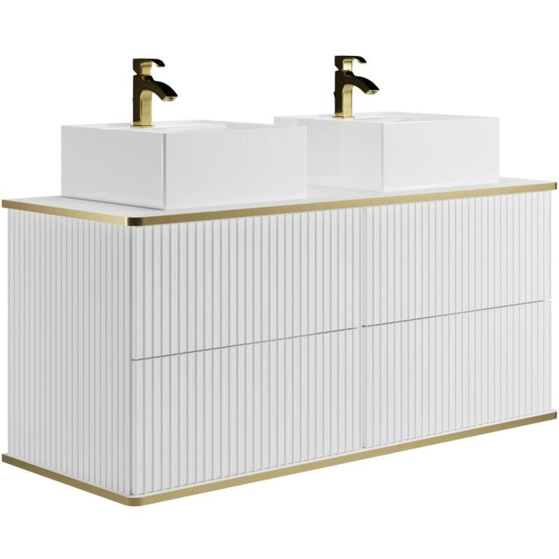 Vente-unique - Meuble de salle de bain suspendu strié liseré doré avec double vasque à poser carrée - Blanc - 120 cm - keliza