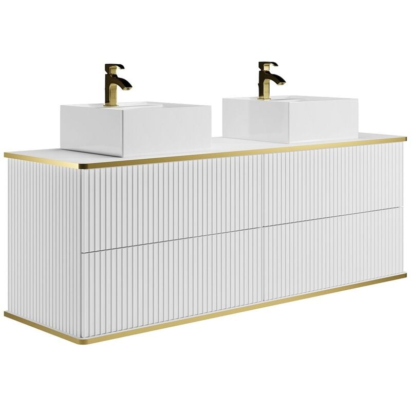 Vente-unique - Meuble de salle de bain suspendu strié liseré doré avec double vasque à poser carrée - Blanc - 150 cm - keliza