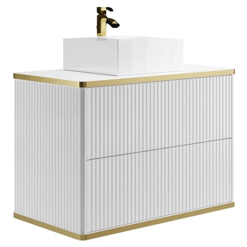 Vente-unique - Meuble de salle de bain suspendu strié liseré doré avec vasque à poser carrée - Blanc - 80 cm - keliza
