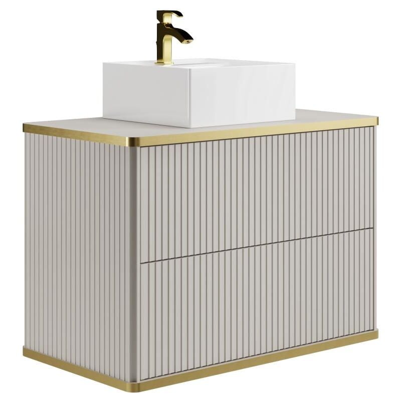 Vente-unique - Meuble de salle de bain suspendu strié liseré doré avec vasque à poser carrée - Beige - 80 cm - keliza