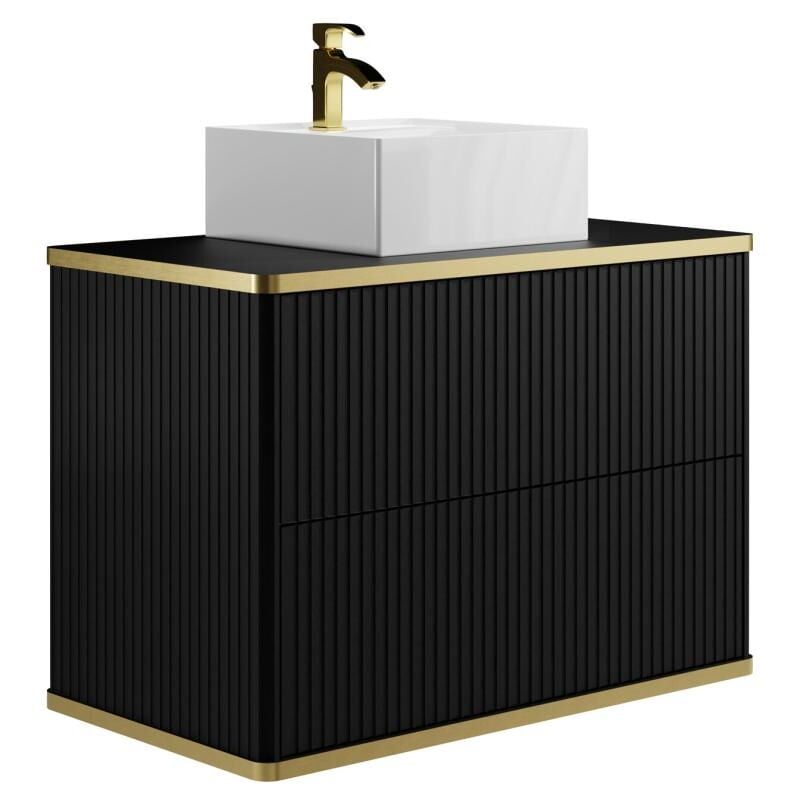 Vente-unique - Meuble de salle de bain suspendu strié liseré doré avec vasque à poser carrée - Noir - 80 cm - keliza