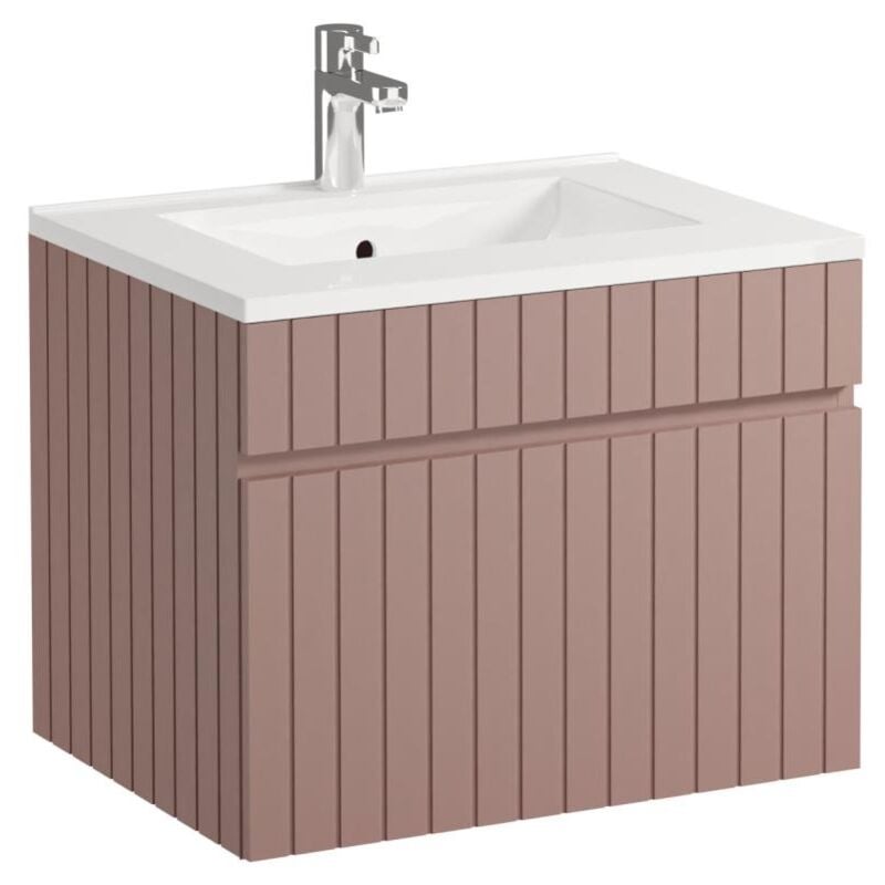 Meuble de salle de bain suspendu strié rose avec vasque à encastrer - 60 cm - SATARA