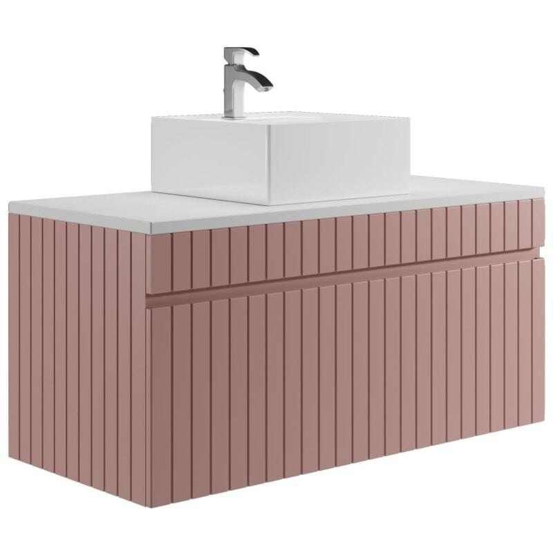Vente-unique - Meuble de salle de bain suspendu strié rose avec vasque à poser - 100 cm - satara