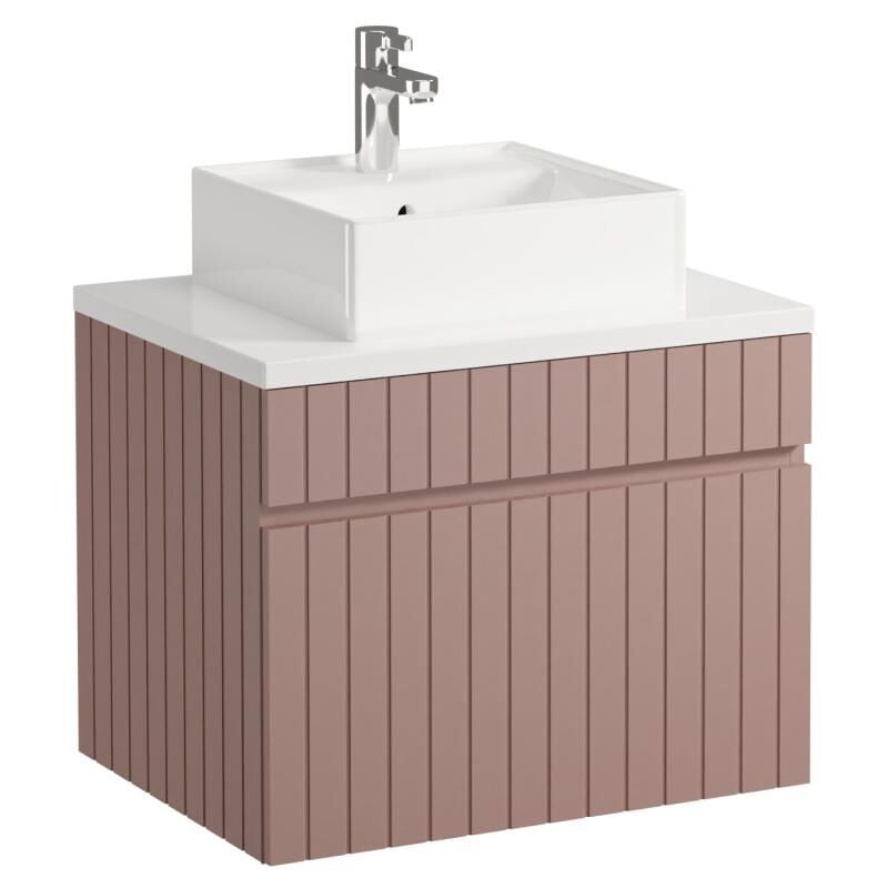 Vente-unique - Meuble de salle de bain suspendu strié rose avec vasque à poser - 60 cm - satara