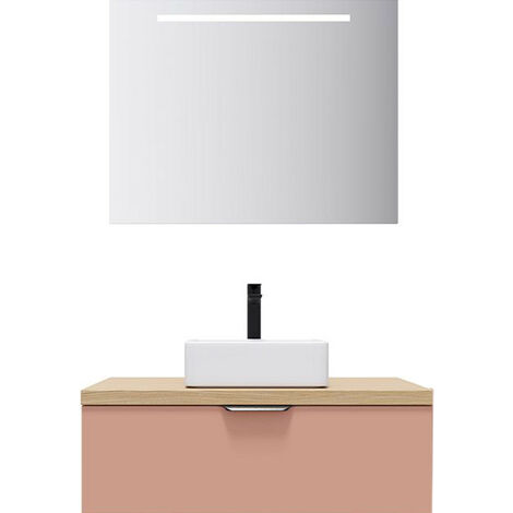 Meuble de salle de bain suspendu vasque à poser 90cm 1 tiroir Abricot + miroir - Soho