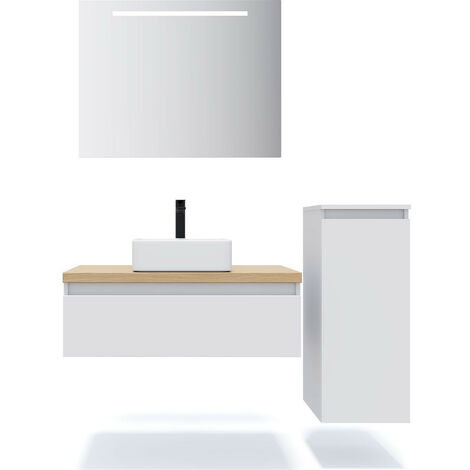 Meuble de salle de bain suspendu vasque à poser 90cm 1 tiroir Blanc + miroir + colonne ouverture droite - Hudson