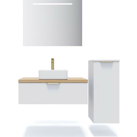 Meuble de salle de bain suspendu vasque à poser 90cm 1 tiroir Blanc + miroir + colonne ouverture droite - Venice