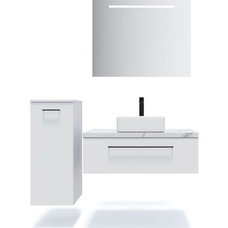 Meuble de salle de bain suspendu vasque à poser 90cm 1 tiroir Blanc + miroir + colonne ouverture gauche - Glasgow