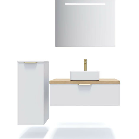 Meuble de salle de bain suspendu vasque à poser 90cm 1 tiroir Blanc + miroir + colonne ouverture gauche - Venice