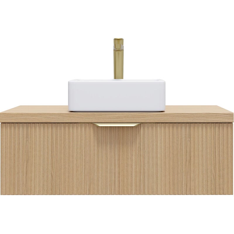 Meuble de salle de bain suspendu vasque à poser 90cm 1 tiroir Chêne cannelé - Venice