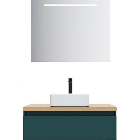 Meuble de salle de bain suspendu vasque à poser 90cm 1 tiroir Bleu + miroir - Hudson