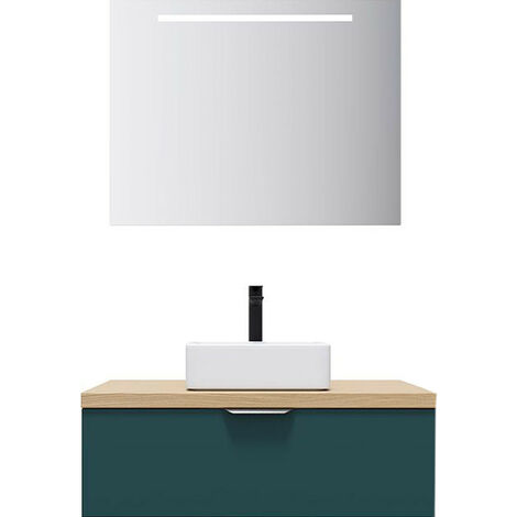 Meuble de salle de bain suspendu vasque à poser 90cm 1 tiroir Bleu + miroir - Soho